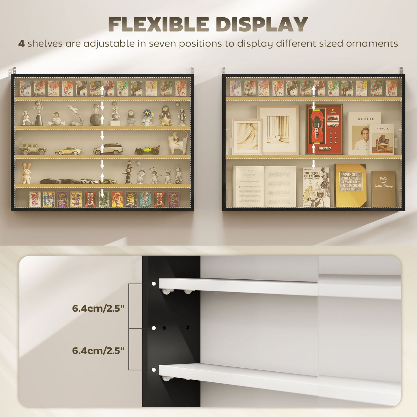 5-Tier Wall Display Shelf Cabinet with Glass Doors, Black and White