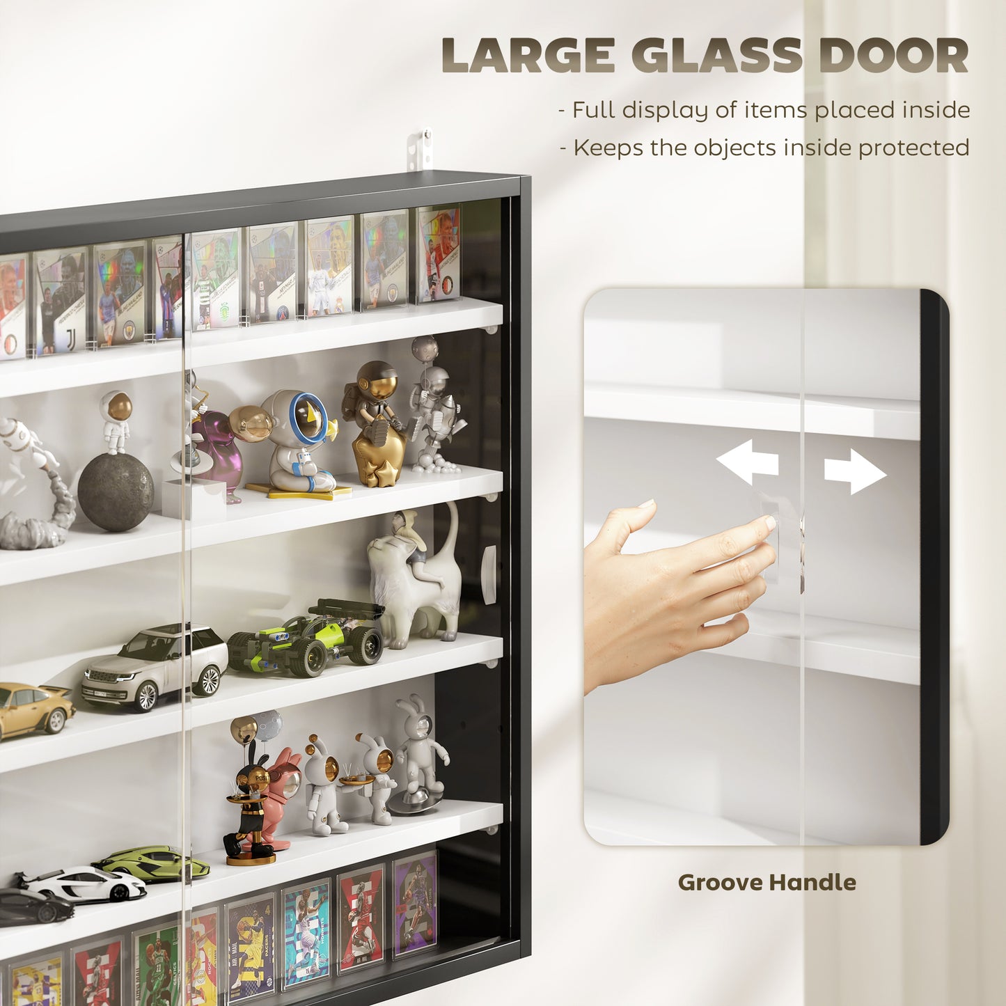5-Tier Wall Display Shelf Cabinet with Glass Doors, Black and White