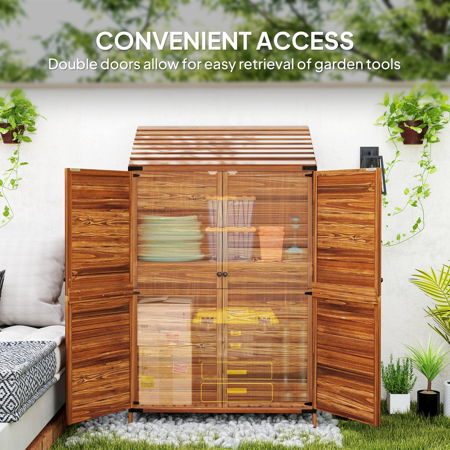 Wooden Garden Storage Shed w/Double Doors and Shelves, Mixed-Brown