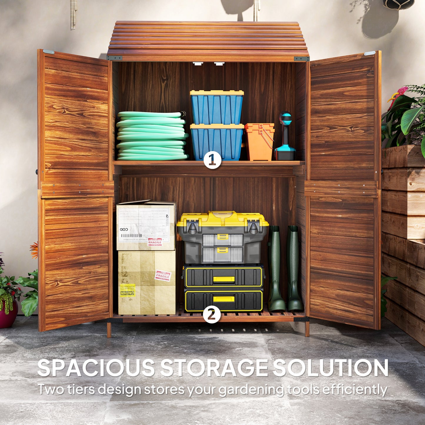 Wooden Garden Storage Shed w/Double Doors and Shelves, Mixed-Brown