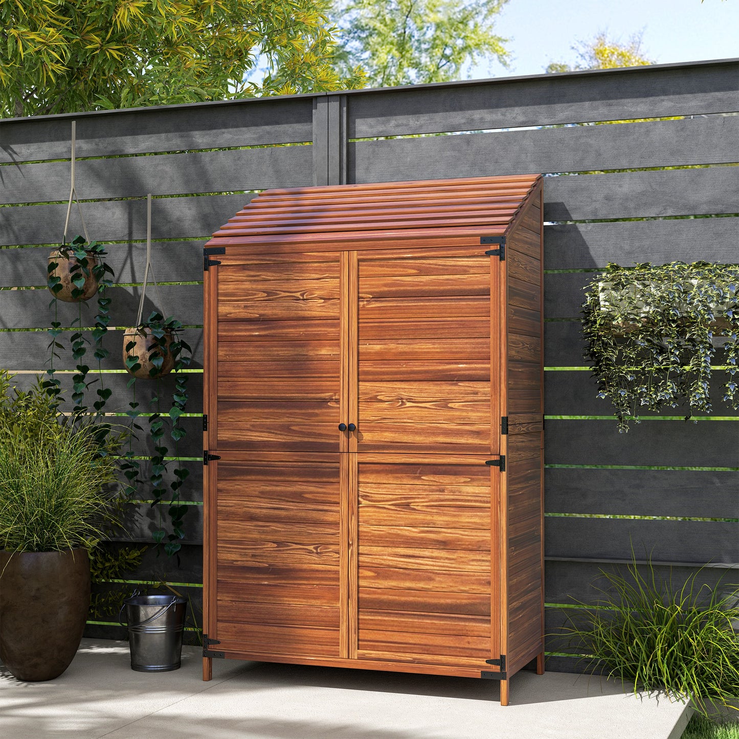 Wooden Garden Storage Shed w/Double Doors and Shelves, Mixed-Brown