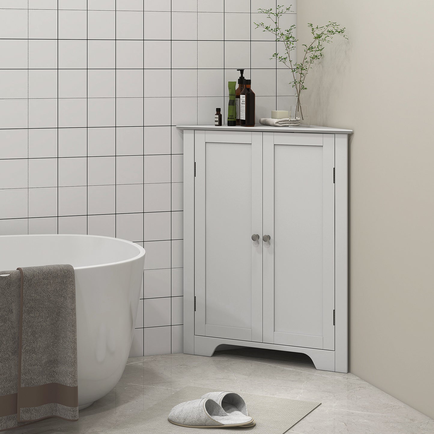 Corner Bathroom Cabinet, Recessed Doors and Adjustable Shelf, White