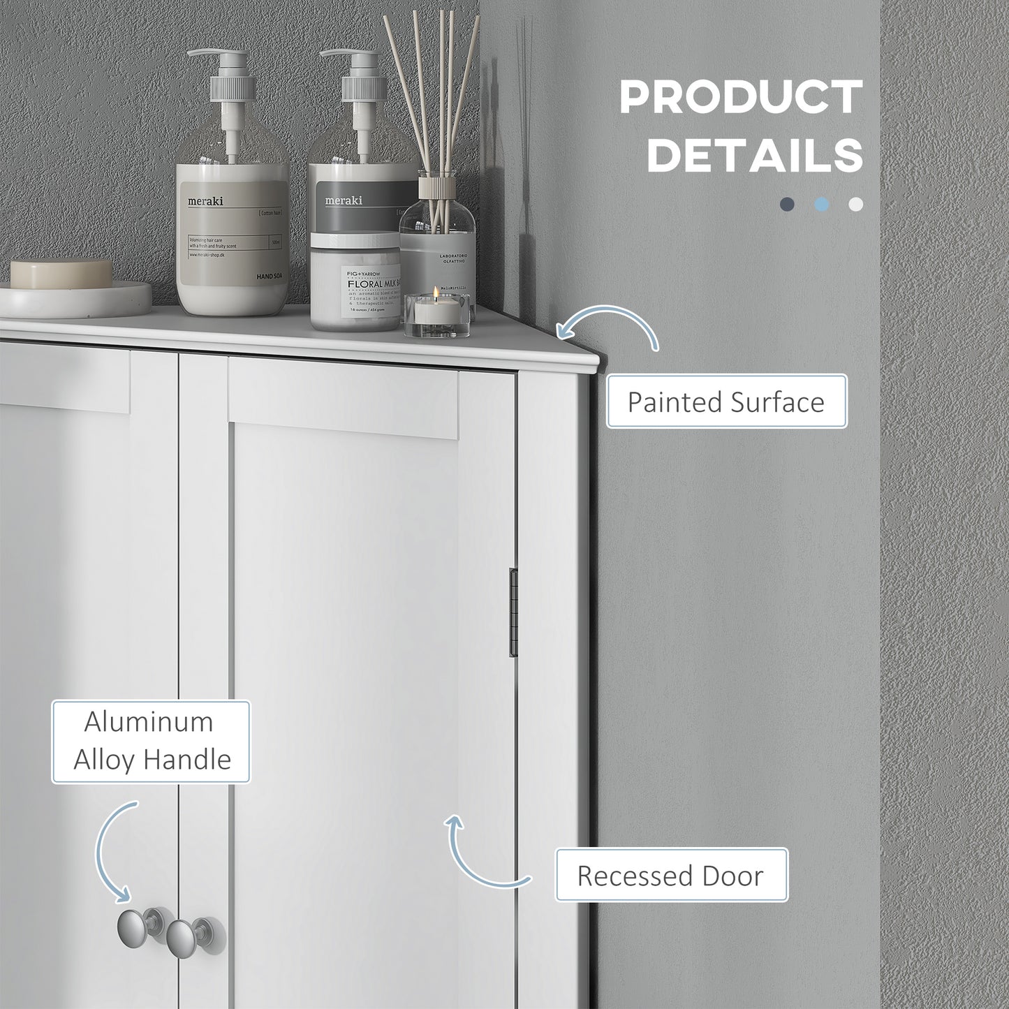 Corner Bathroom Cabinet, Recessed Doors and Adjustable Shelf, White