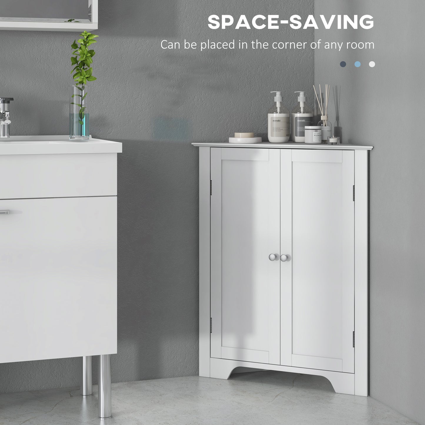 Corner Bathroom Cabinet, Recessed Doors and Adjustable Shelf, White