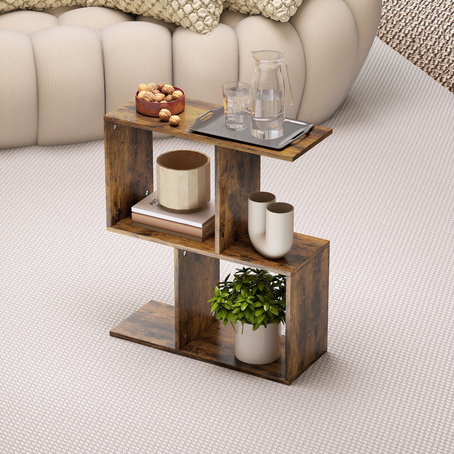 Side Table, Narrow End Table with Storage Shelves, Rustic Brown