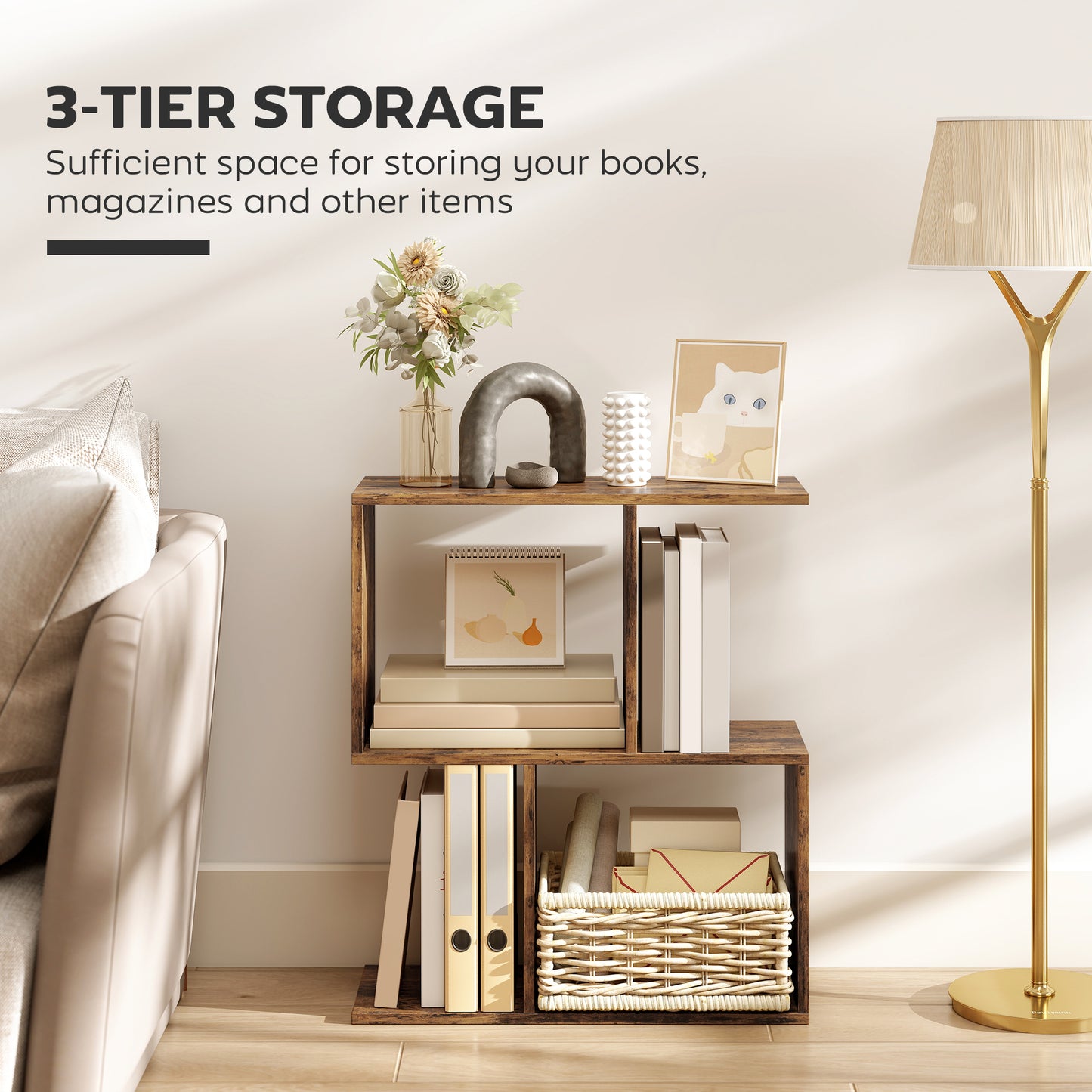 Side Table, Narrow End Table with Storage Shelves, Rustic Brown