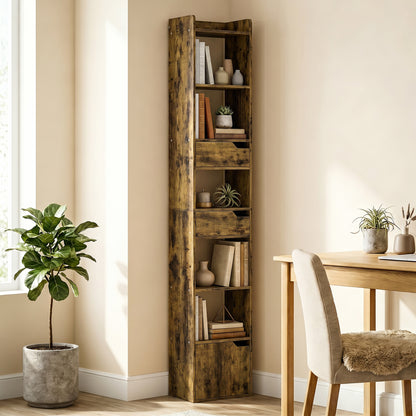 Bookcase with Drawers and Cabinet, 5-Tier Bookshelf, Narrow Tall Storage Cabinet with Anti-Tip for Living Room, Study, Home Office, Rustic Brown