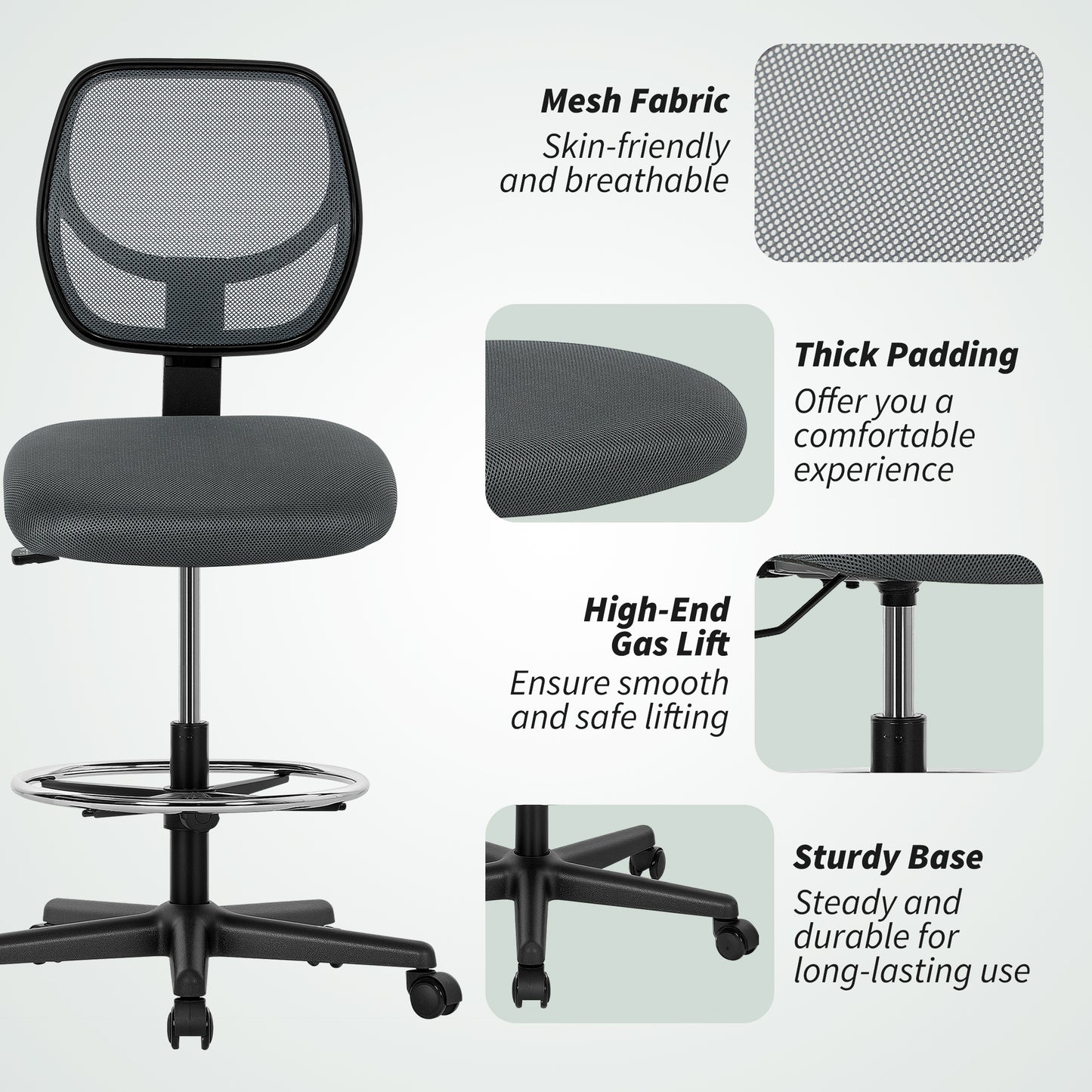Swivel Mesh Office Chair w/ Adjustable Footrest Ring, Charcoal Grey