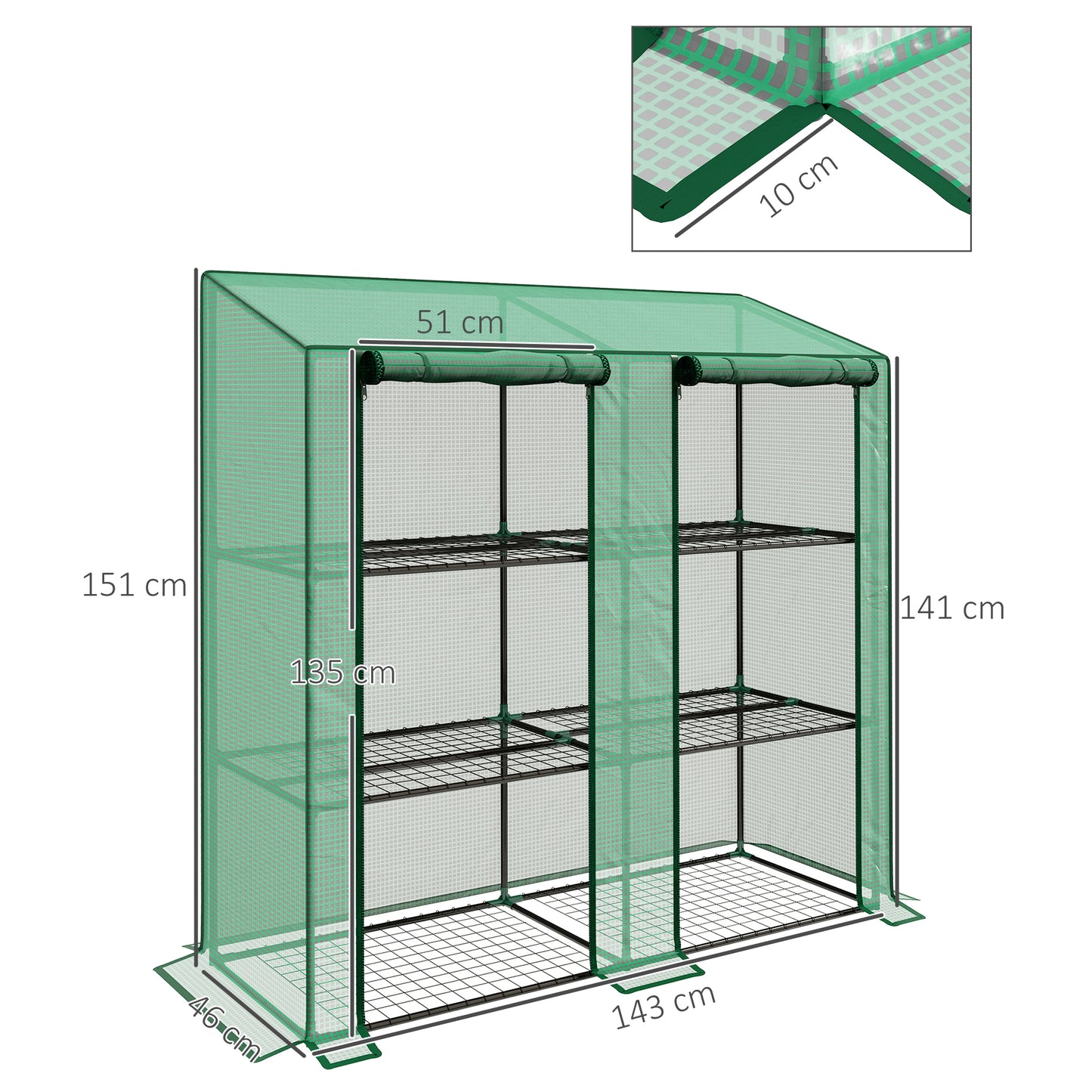 Mini Green House with 3 Tier Shelves, 151H x 143W x 46Dcm, Green