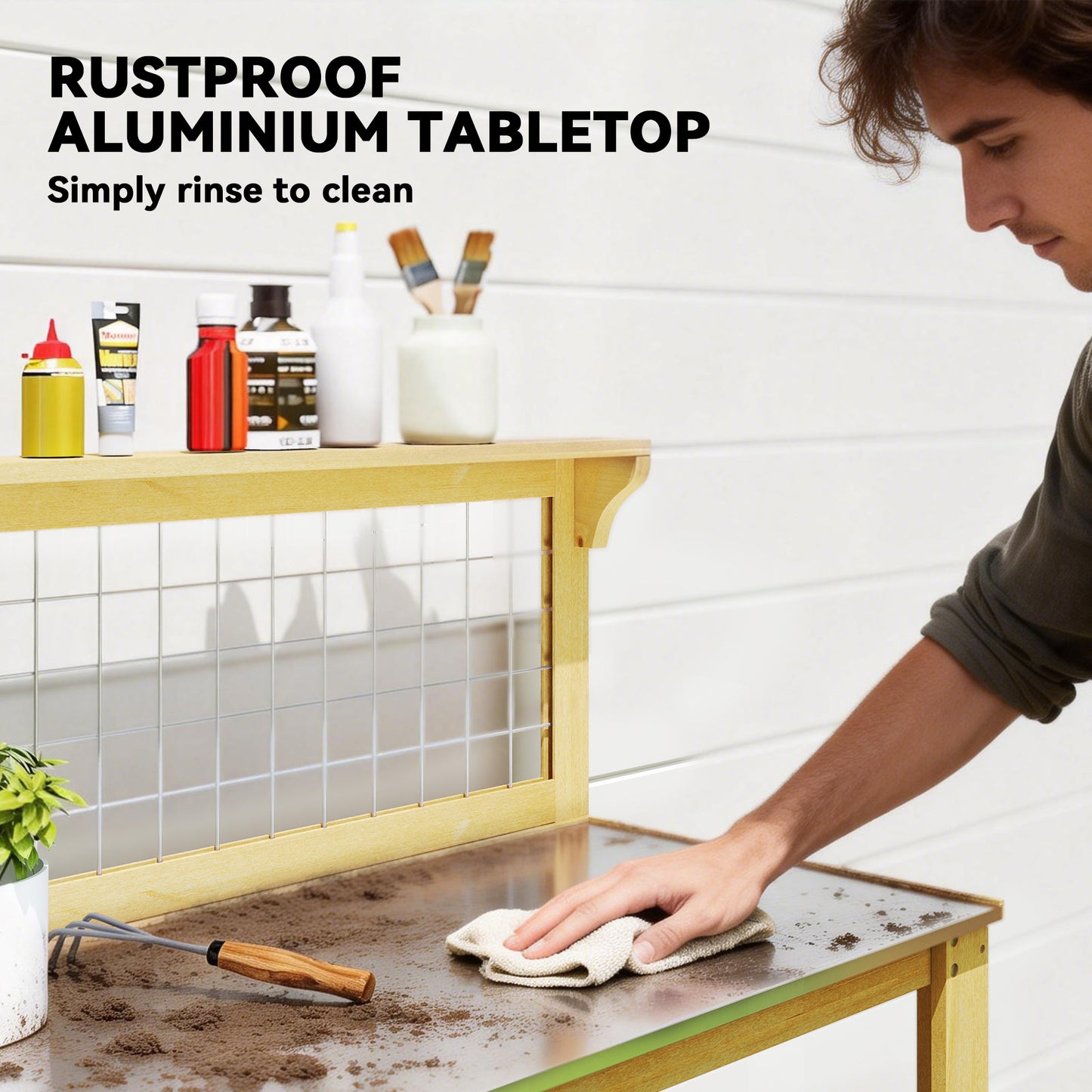 Wooden Potting Bench Table with Aluminium Worktop