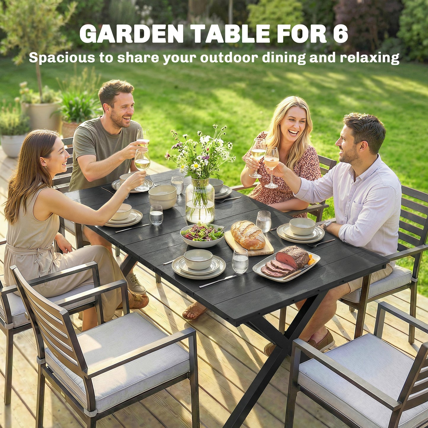 Garden Dining Table, Outdoor Table for 6, Wood Effect Top, Black