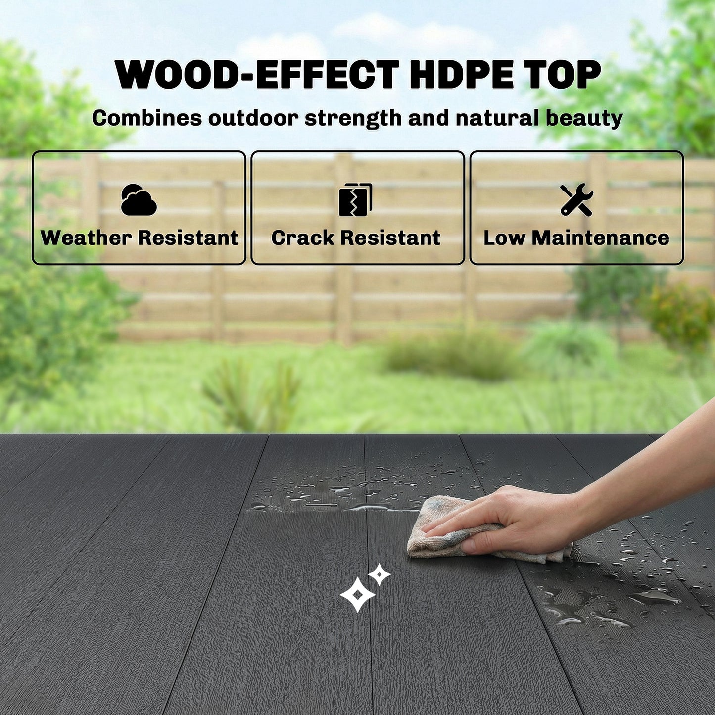 Garden Dining Table, Outdoor Table for 6, Wood Effect Top, Black