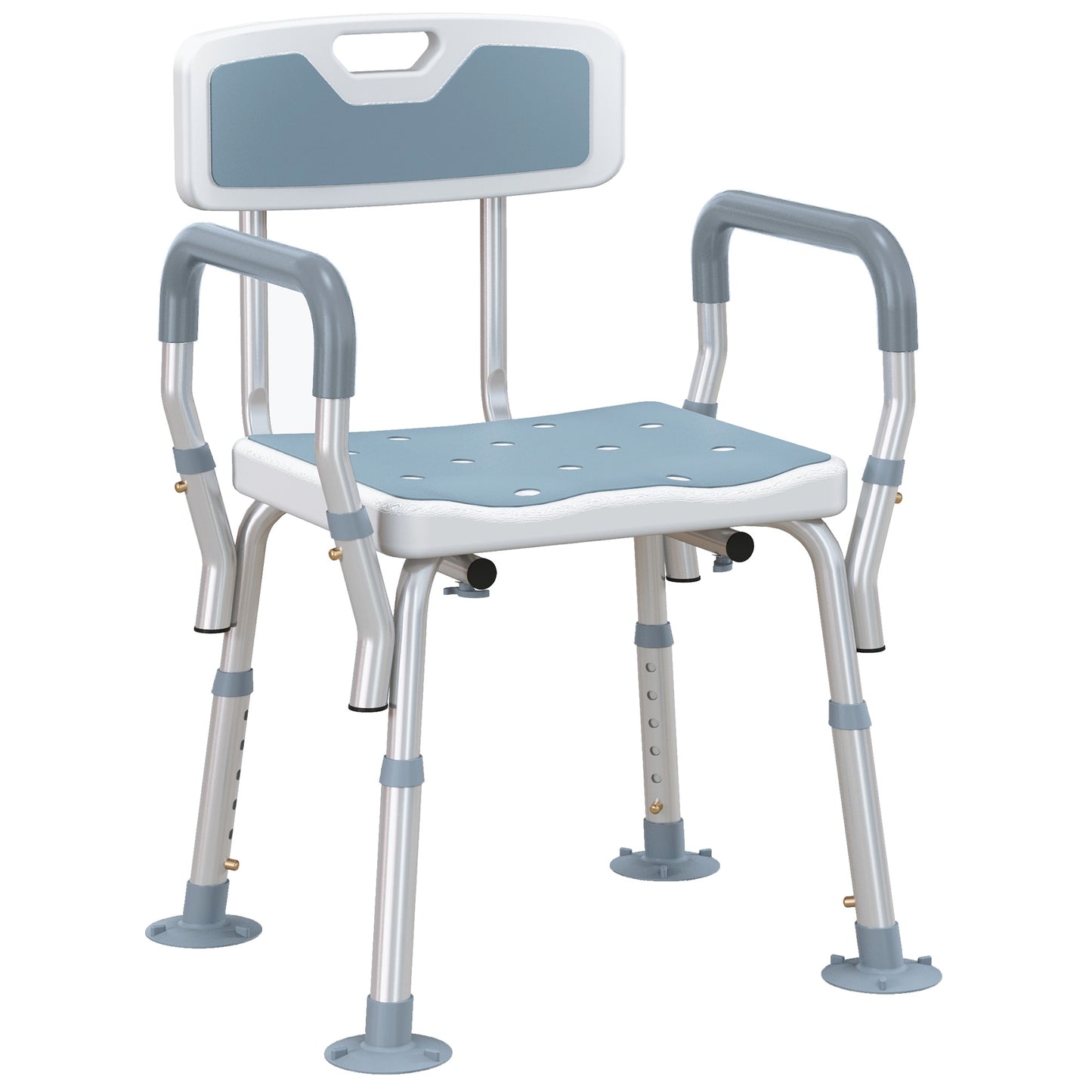 EVA Padded Shower Stool with Back and Arms 4 Suction Foot Pads Blue