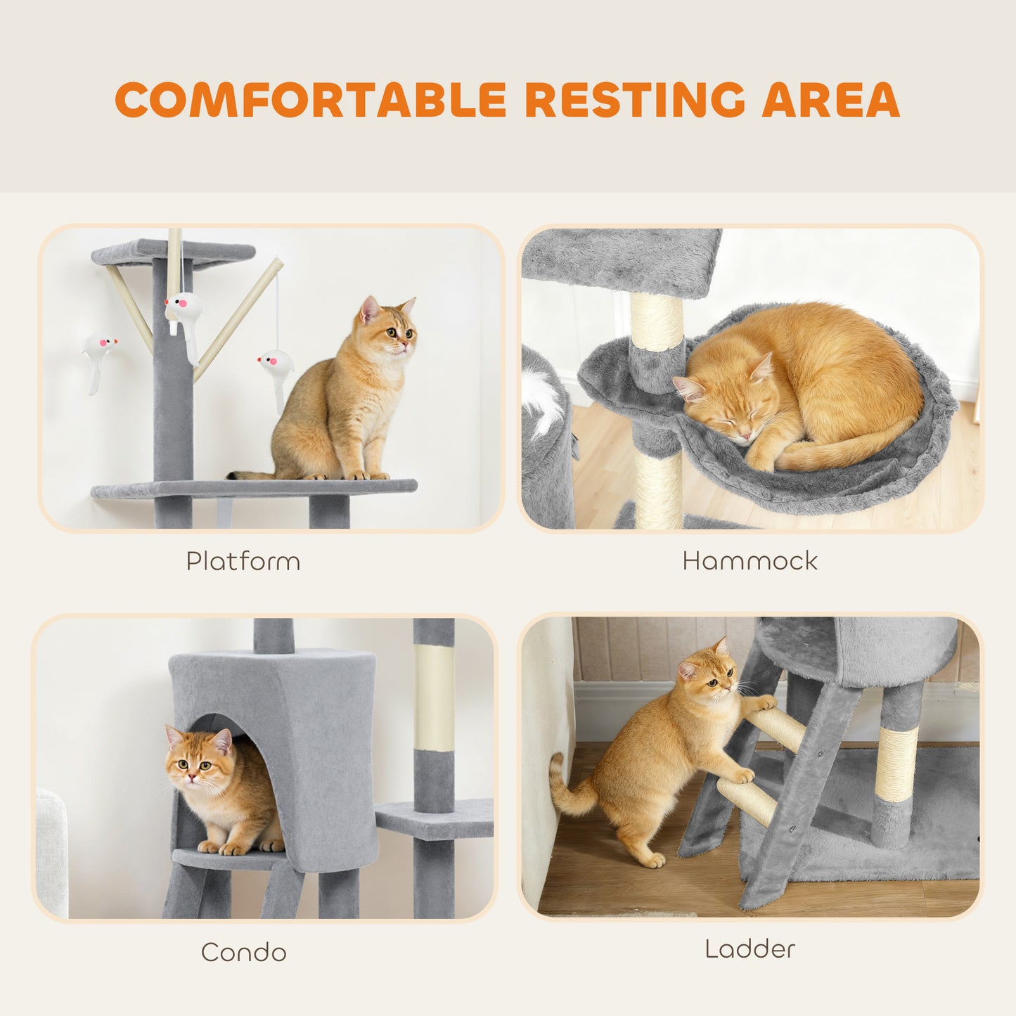 Cat Tree for Indoor Cats, 134cm Scratching Post Climbing Tower, Grey