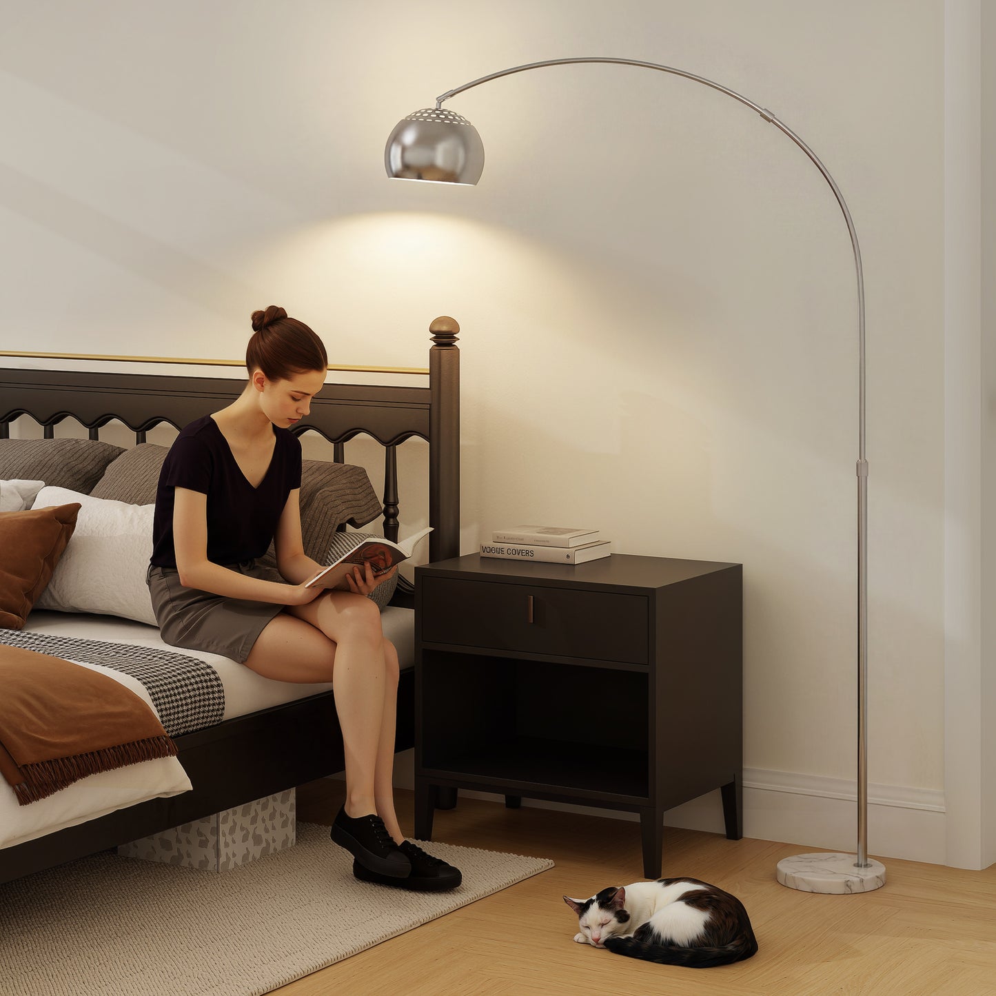 Arc Floor Lamp for Living Room, Free Standing Tall Lamp, Silver Tone