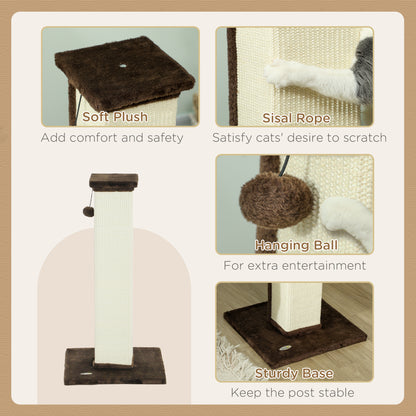 81cm Cat Scratching Post w/ Sisal Rope, Hanging Ball Soft Plush Brown