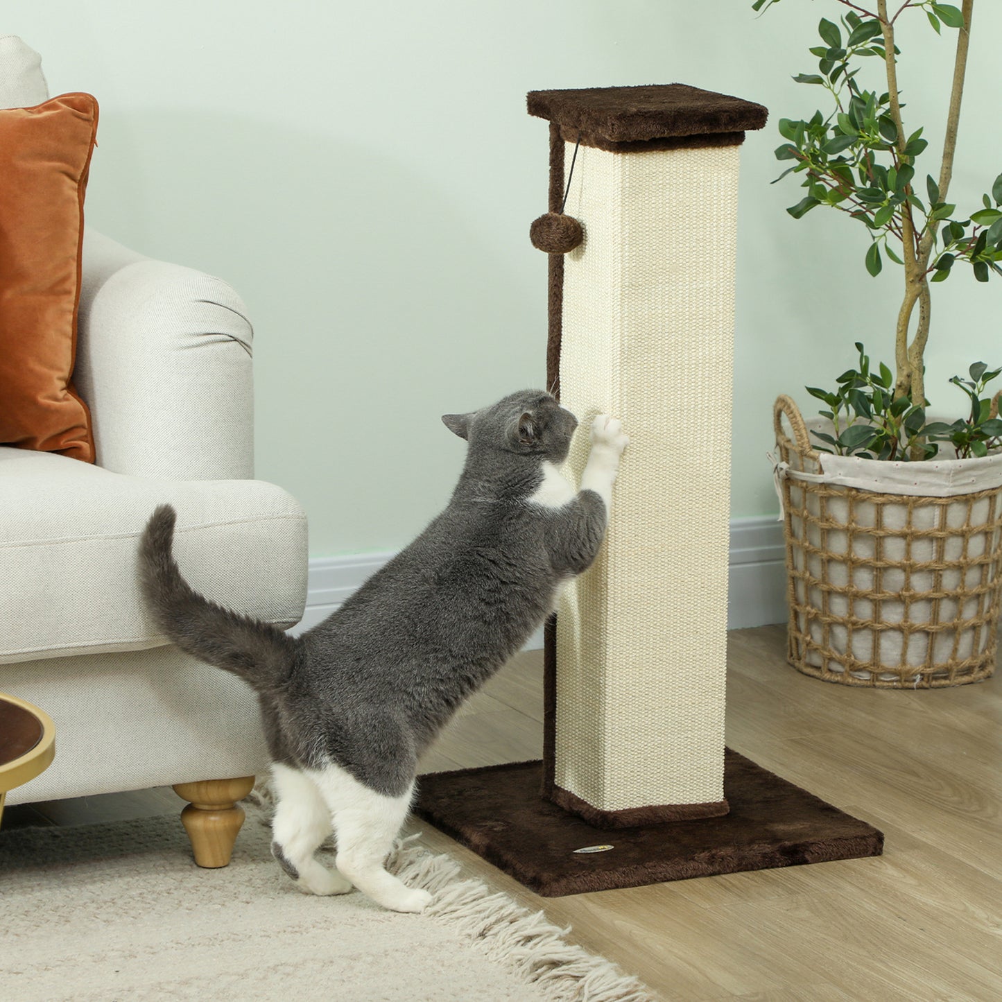 81cm Cat Scratching Post w/ Sisal Rope, Hanging Ball Soft Plush Brown