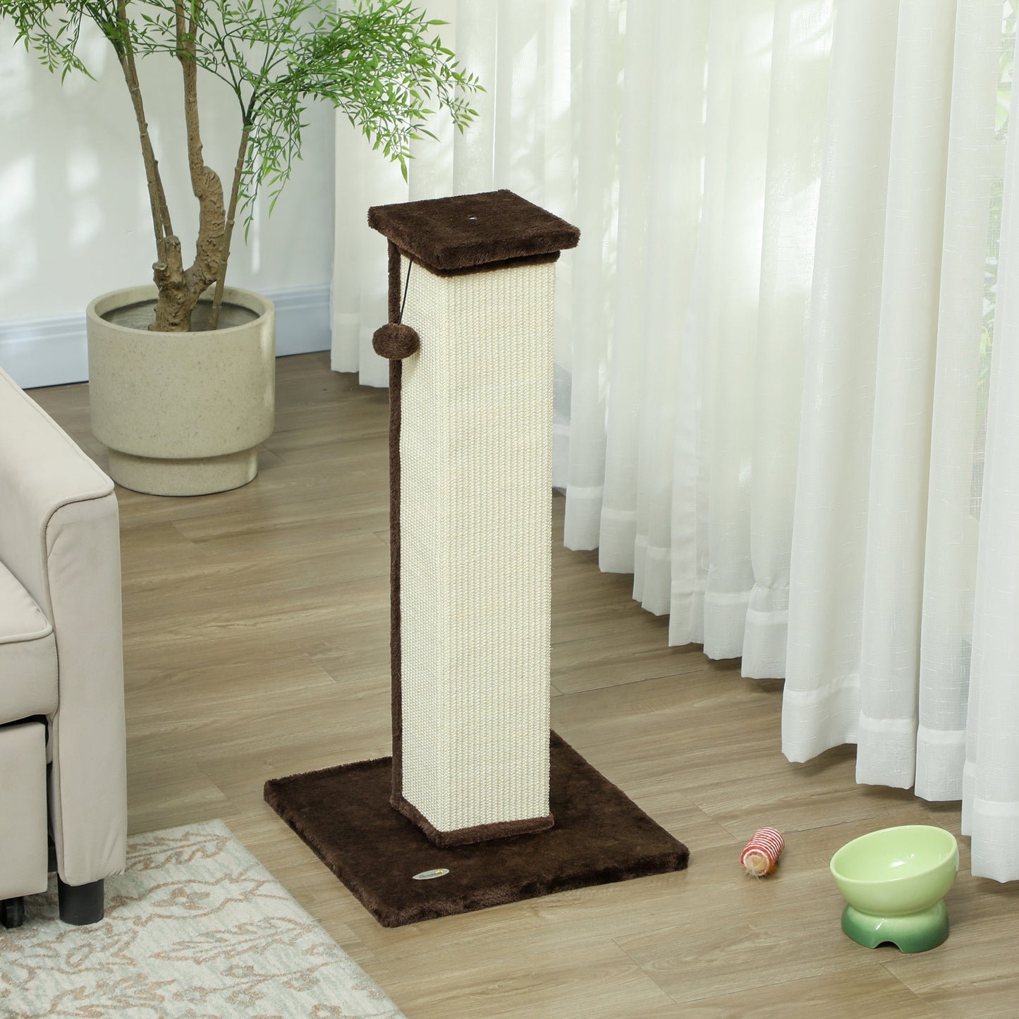 81cm Cat Scratching Post w/ Sisal Rope, Hanging Ball Soft Plush Brown