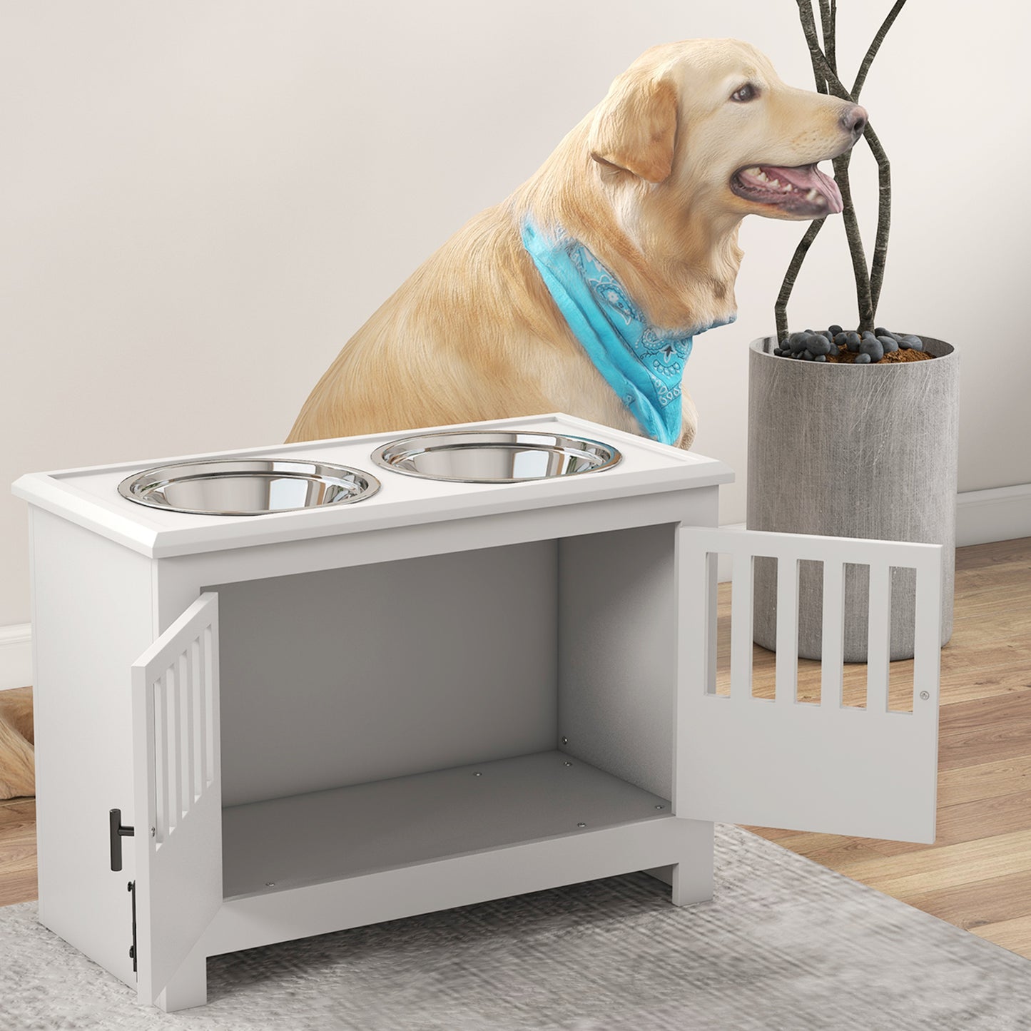 Raised Dog Bowls for Large Dogs Feeding Station w/ Stand, Storage - White