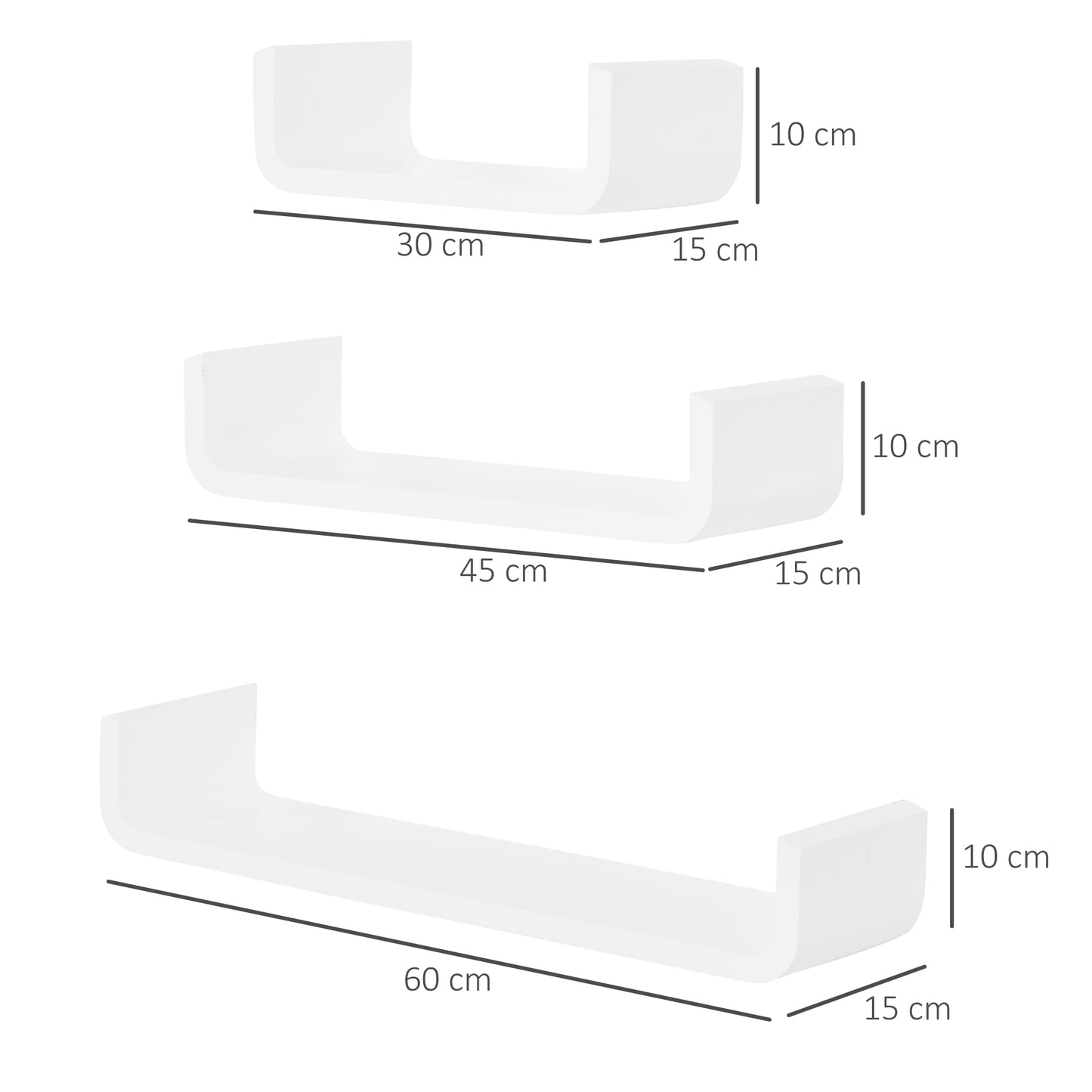 U Shaped Shelf Set Floating Wall Mounted White Hanging 3pc Display
