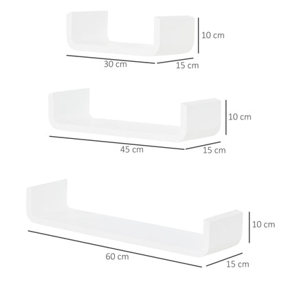 U Shaped Shelf Set Floating Wall Mounted White Hanging 3pc Display