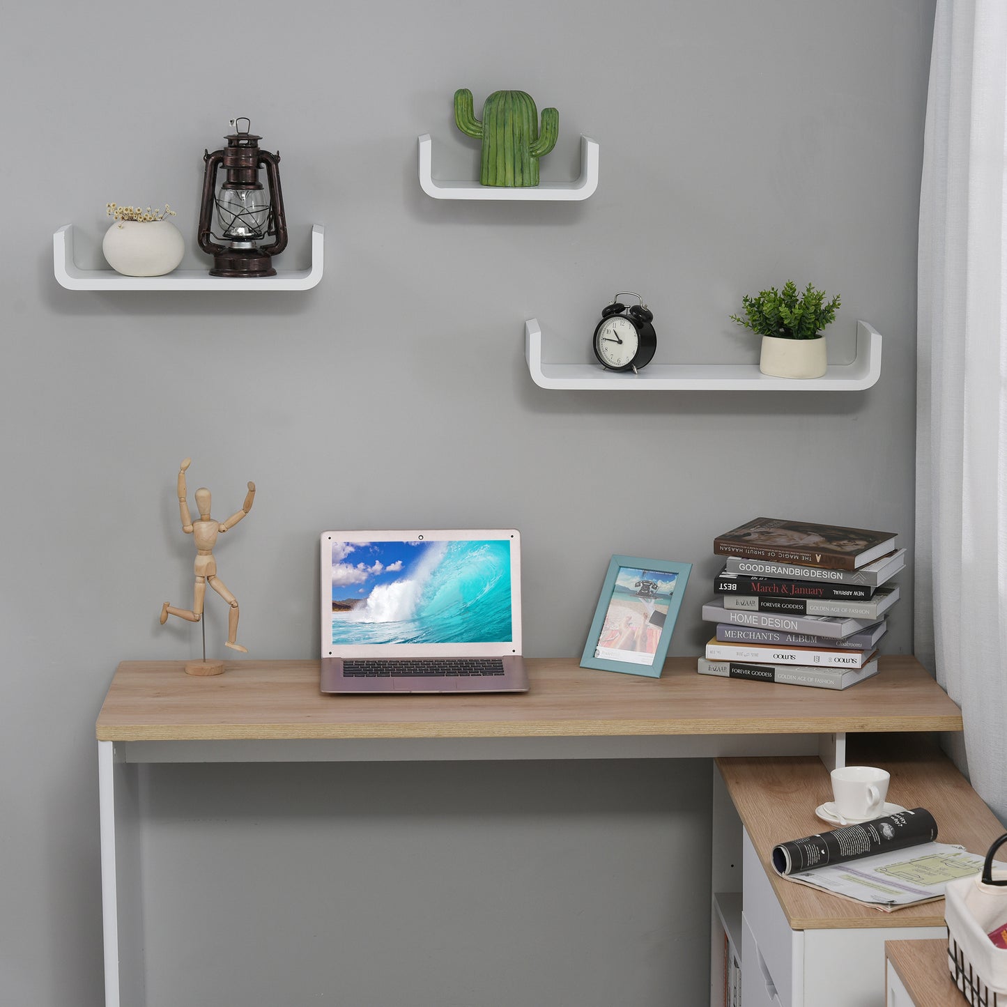 U Shaped Shelf Set Floating Wall Mounted White Hanging 3pc Display