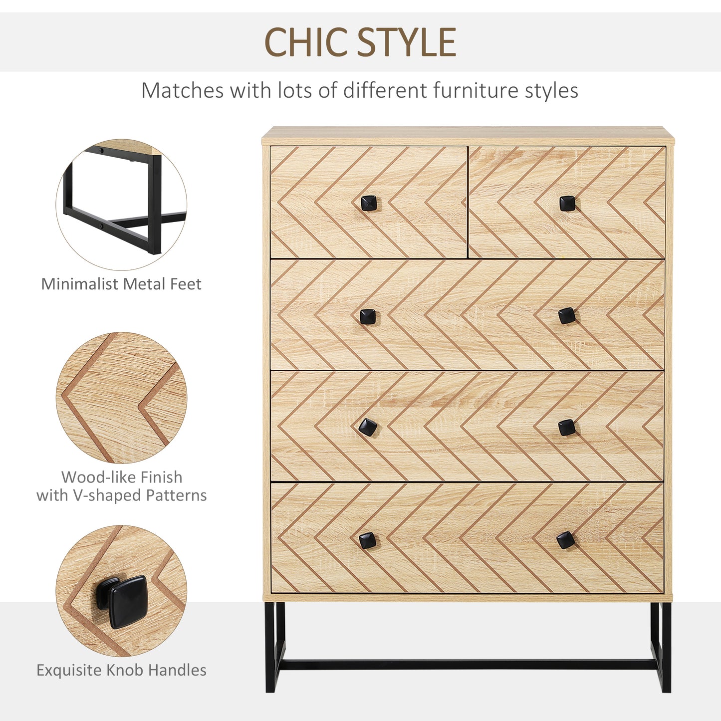 Chest Of 5 Drawers Storage Unit Unique Zigzag Design Anti Tip & Top