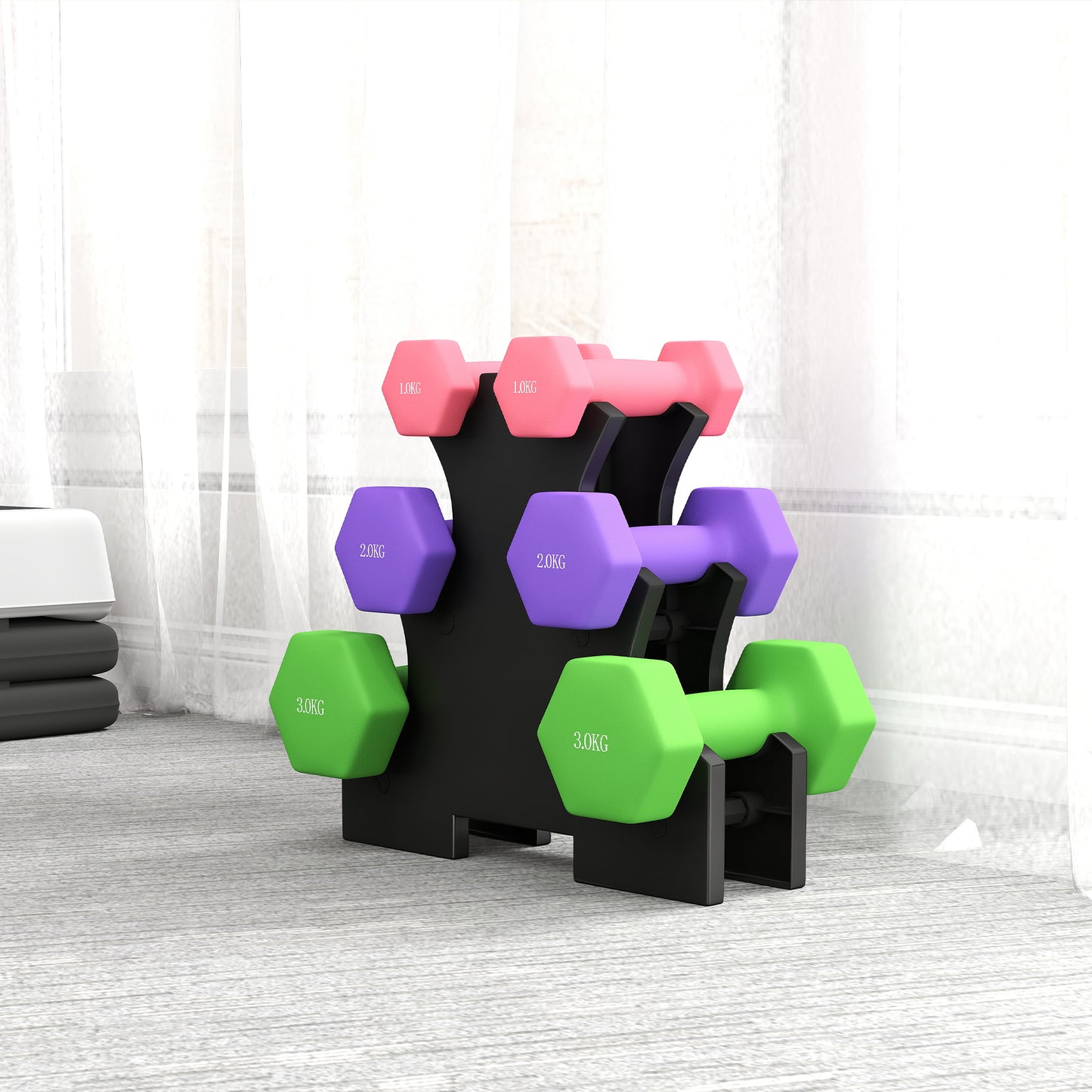 Hex Dumbbells Set with Dumbbell Rack,  2 x 1kg, 2 x 2kg, 2 x 3kg