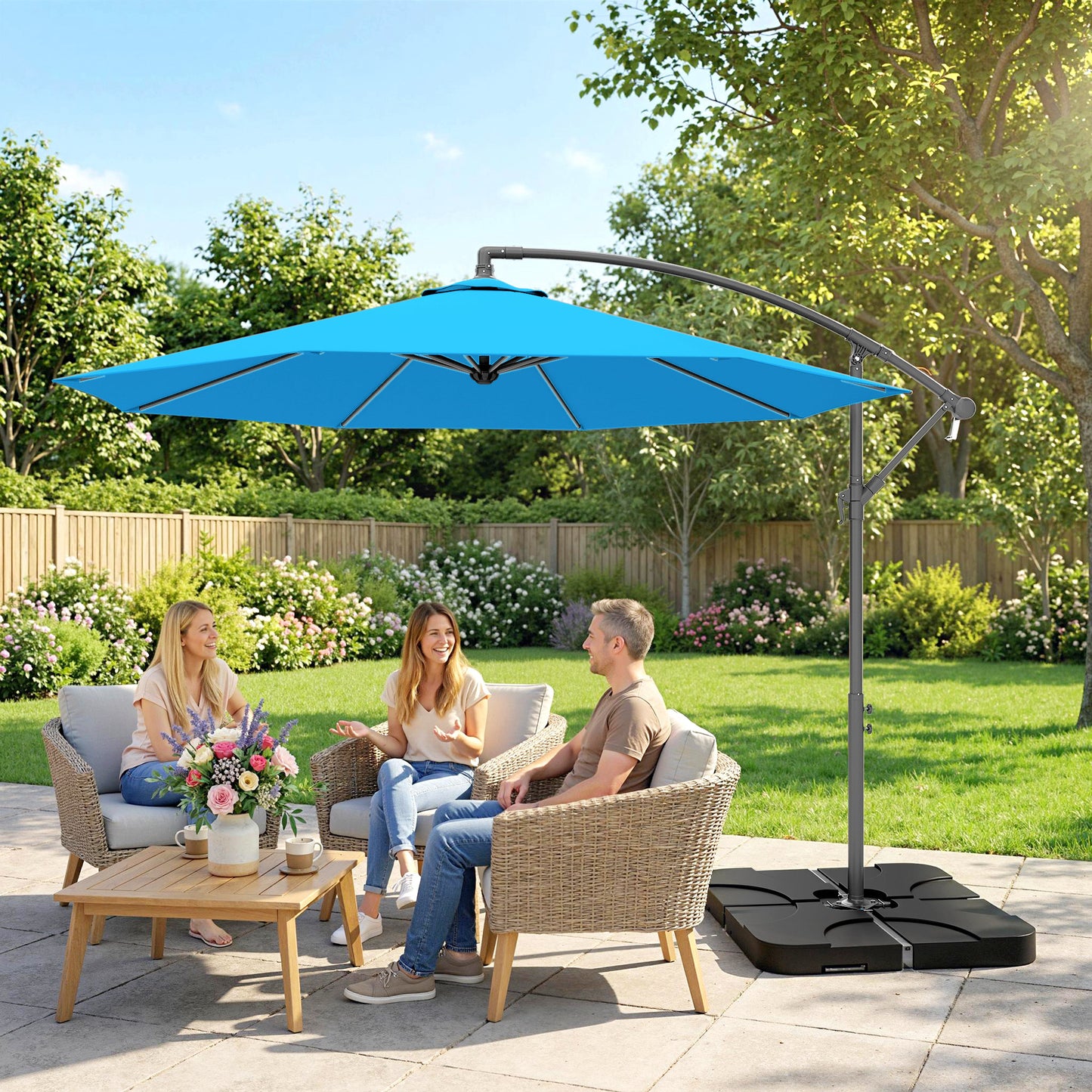 3(m) Banana Parasol Cantilever Umbrella Garden w/ Base Weights - Blue