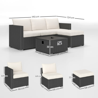 4 Seater Rattan Sofa Set with Footstool Thick Cushions + Fire pit table doubles as a coffee tableBlack Cream