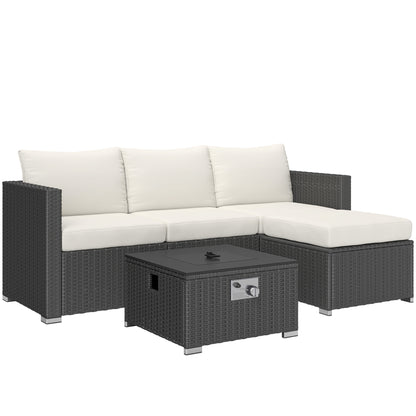 4 Seater Rattan Sofa Set with Footstool Thick Cushions + Fire pit table doubles as a coffee tableBlack Cream