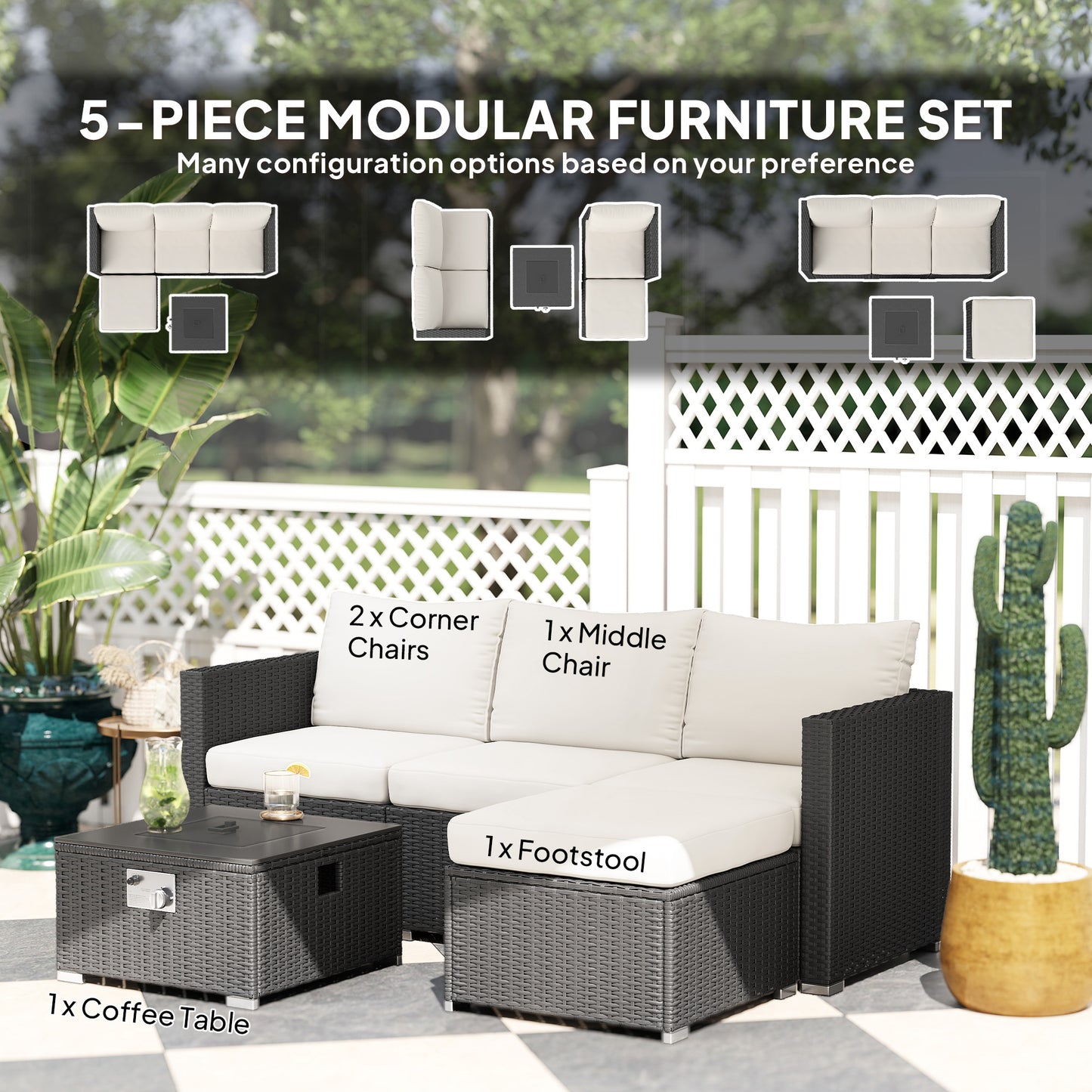 4 Seater Rattan Sofa Set with Footstool Thick Cushions + Fire pit table doubles as a coffee tableBlack Cream