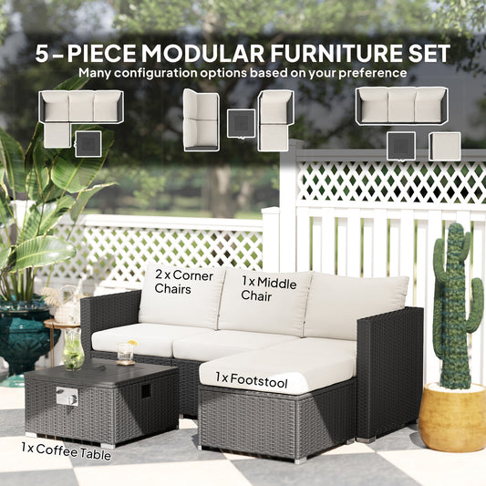4 Seater Rattan Sofa Set with Footstool Thick Cushions + Fire pit table doubles as a coffee tableBlack Cream