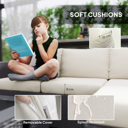4 Seater Rattan Sofa Set with Footstool Thick Cushions + Fire pit table doubles as a coffee tableBlack Cream