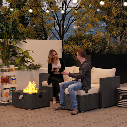 4 Seater Rattan Sofa Set with Footstool Thick Cushions + Fire pit table doubles as a coffee tableBlack Cream