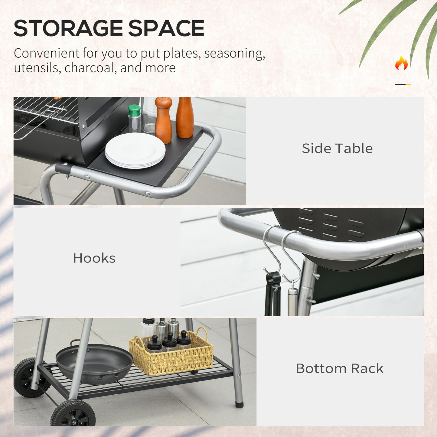 Charcoal BBQ Grill with Double Grill, Table, Storage Shelf and Wheels