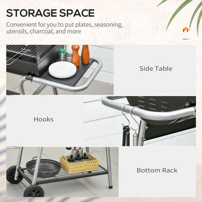 Charcoal BBQ Grill with Double Grill, Table, Storage Shelf and Wheels