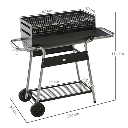 Charcoal BBQ Grill with Double Grill, Table, Storage Shelf and Wheels