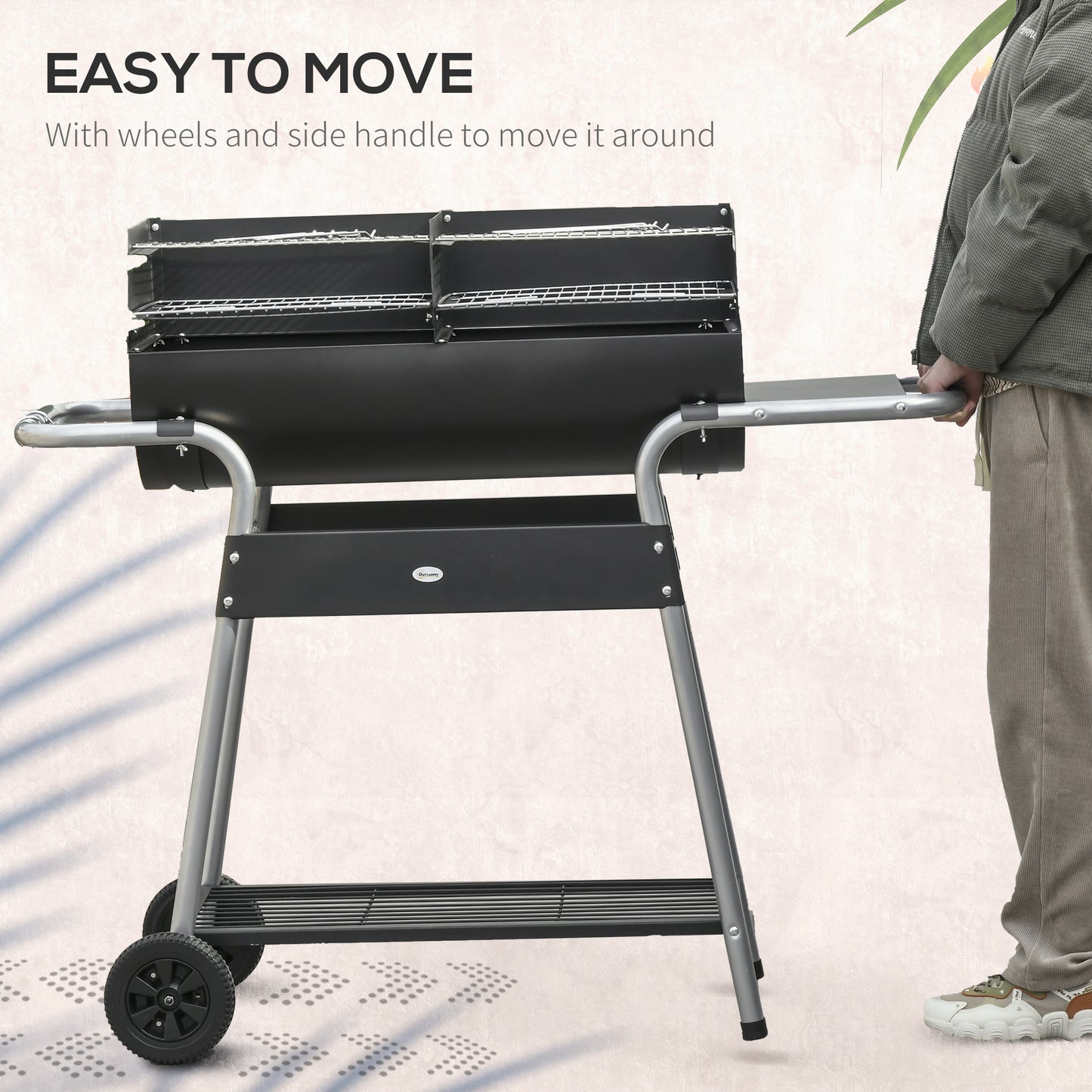 Charcoal BBQ Grill with Double Grill, Table, Storage Shelf and Wheels
