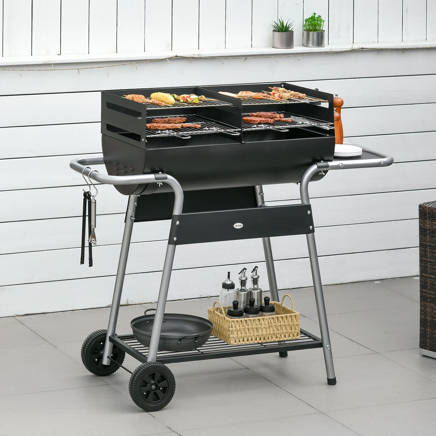Charcoal BBQ Grill with Double Grill, Table, Storage Shelf and Wheels
