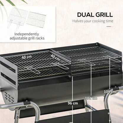 Charcoal BBQ Grill with Double Grill, Table, Storage Shelf and Wheels