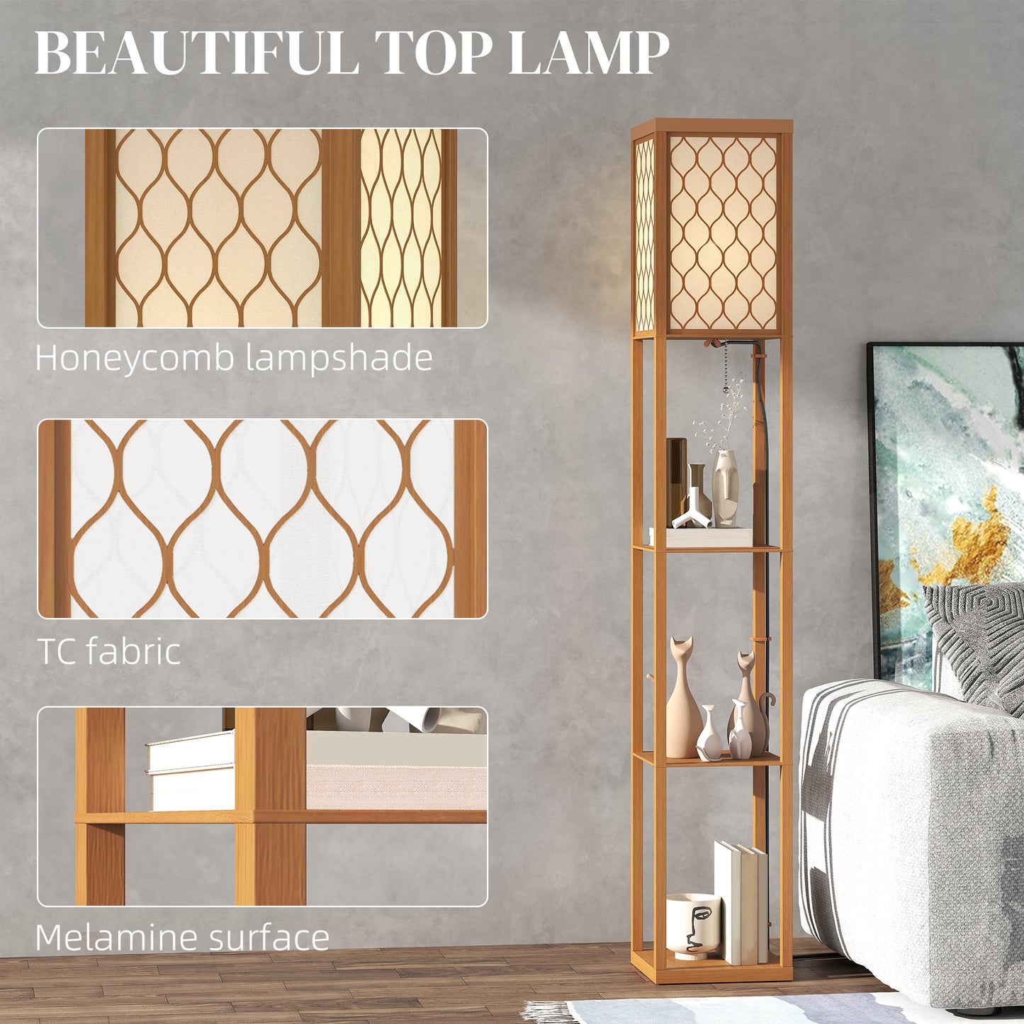 Modern Floor Lamp Light with 3 Shelves Fabric Lampshade Natural