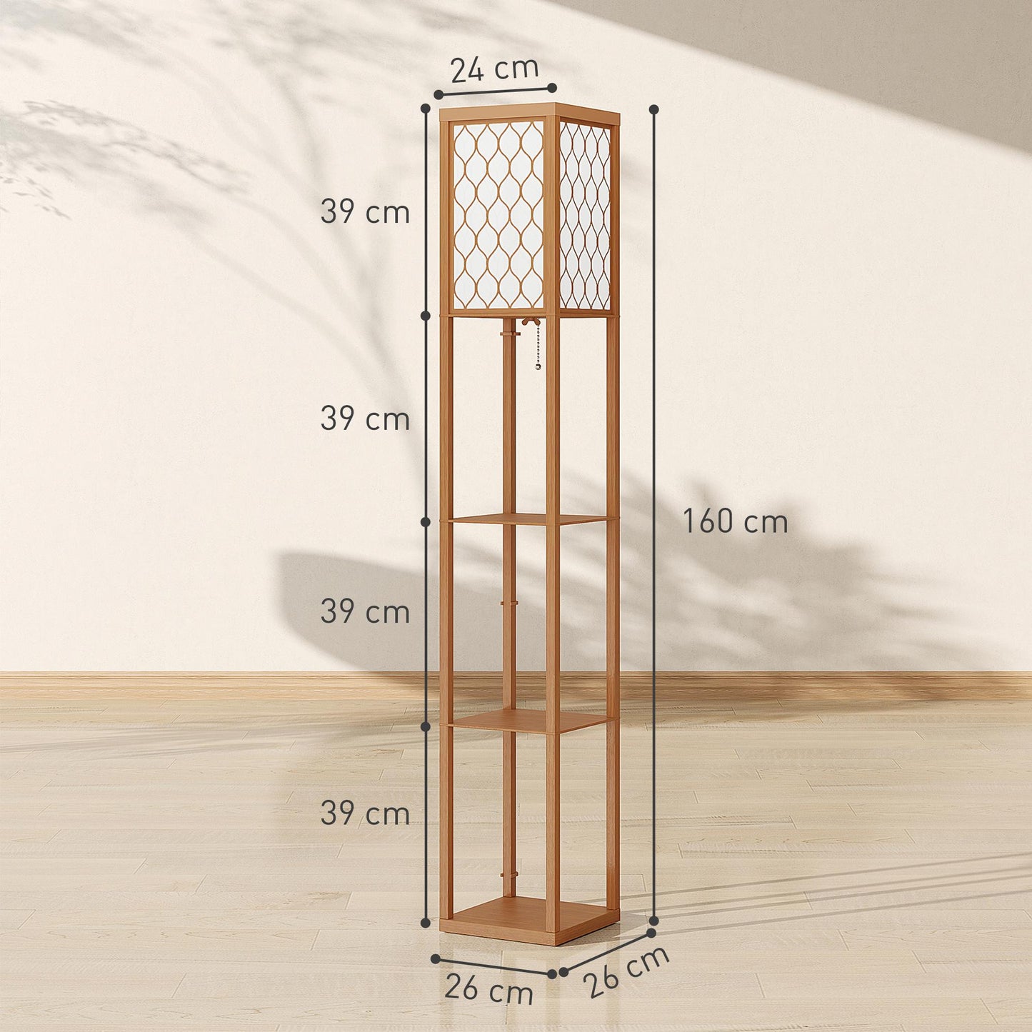 Modern Floor Lamp Light with 3 Shelves Fabric Lampshade Natural