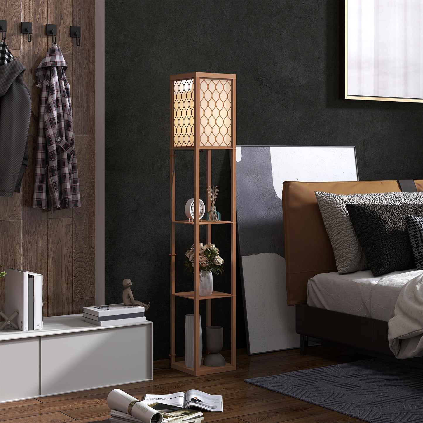 Modern Floor Lamp Light with 3 Shelves Fabric Lampshade Natural