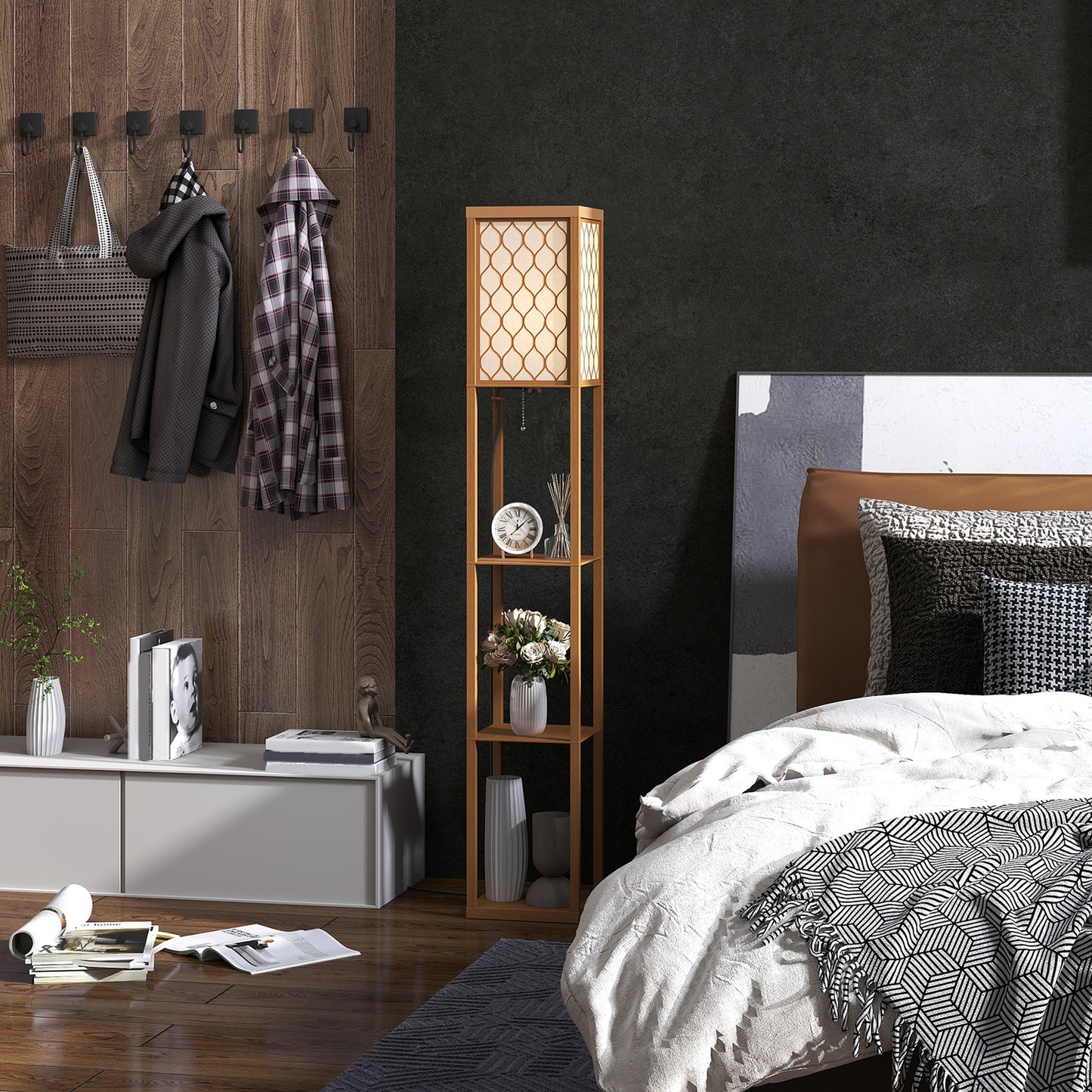 Modern Floor Lamp Light with 3 Shelves Fabric Lampshade Natural