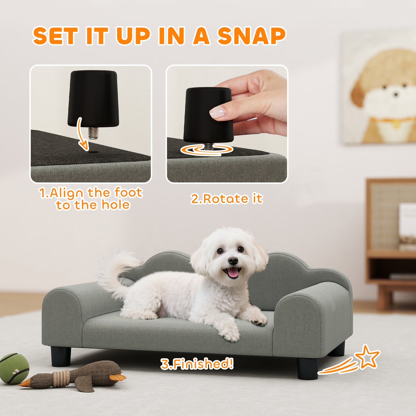Dog Sofa Bed, Cat Sofa with Backrest, Armrest, for Small Dogs, Grey