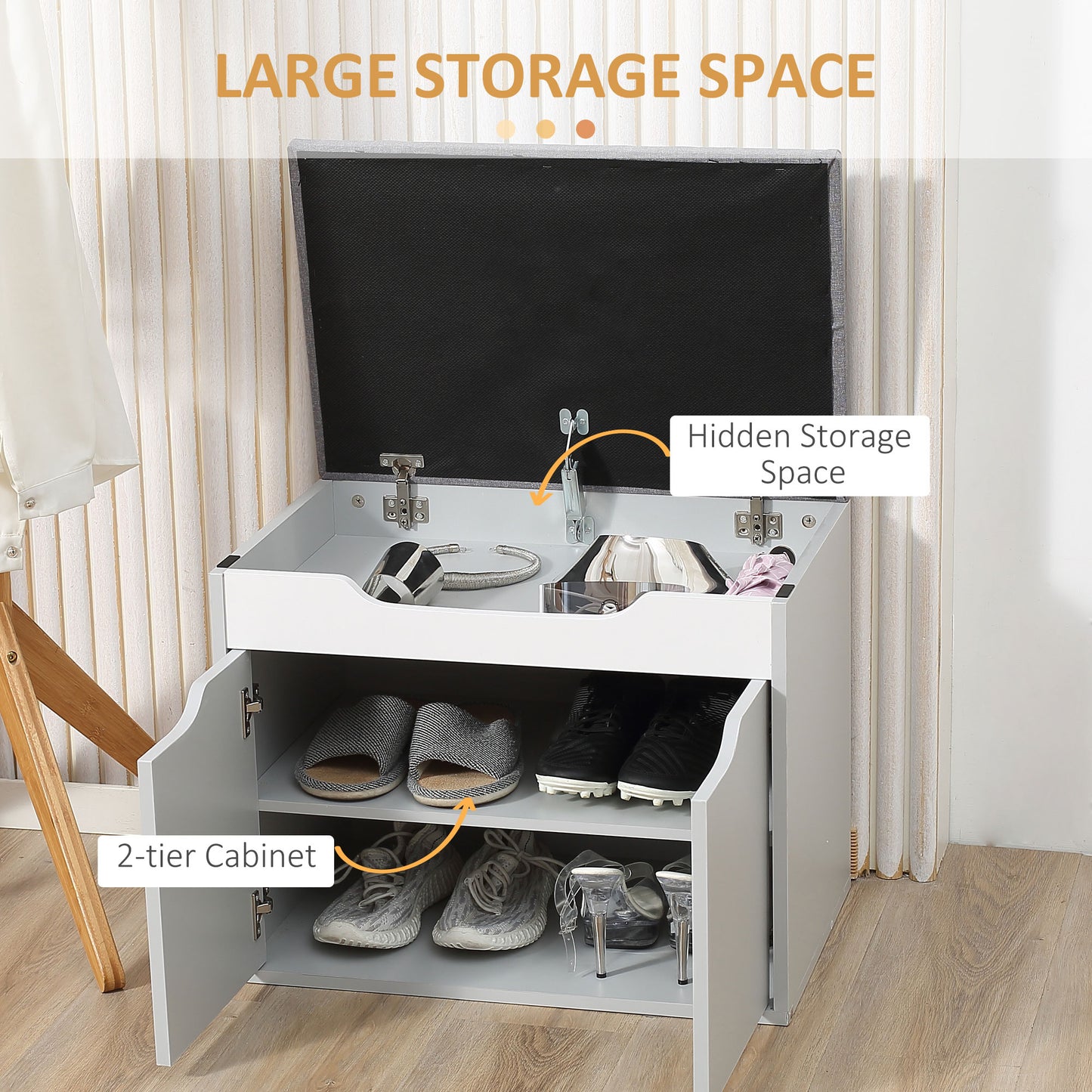 Upholstered Entryway Shoe Bench w/ Storage Cabinet for Living Room Grey