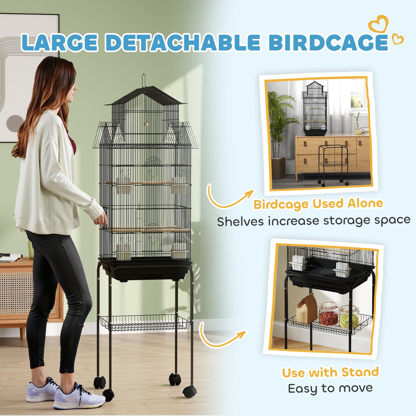 Metal Bird Cage w/ Perch, Food Container, Handle, for Finch, Canary
