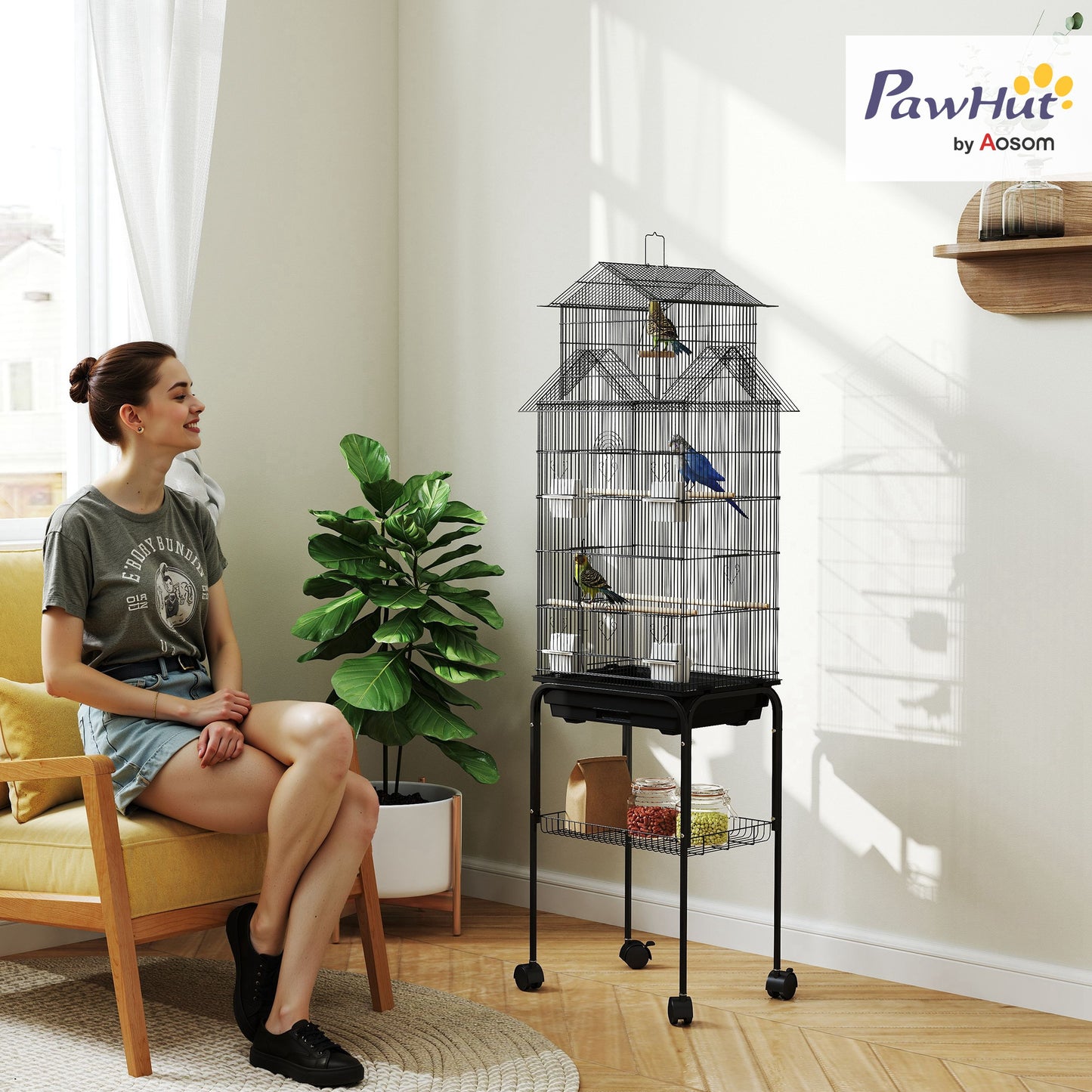 Metal Bird Cage w/ Perch, Food Container, Handle, for Finch, Canary