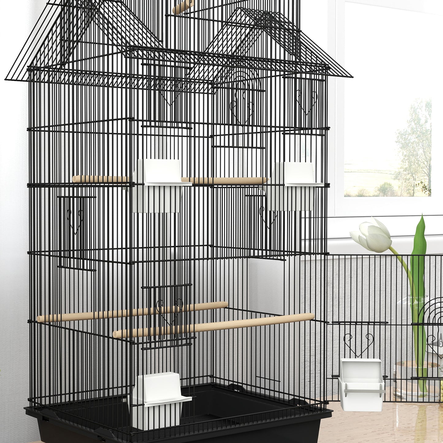 Metal Bird Cage w/ Perch, Food Container, Handle, for Finch, Canary